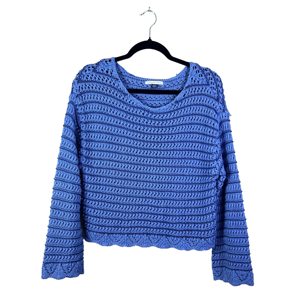 American Eagle Sweater Women's‎ M Blue Open Knit Crochet Cottagecore